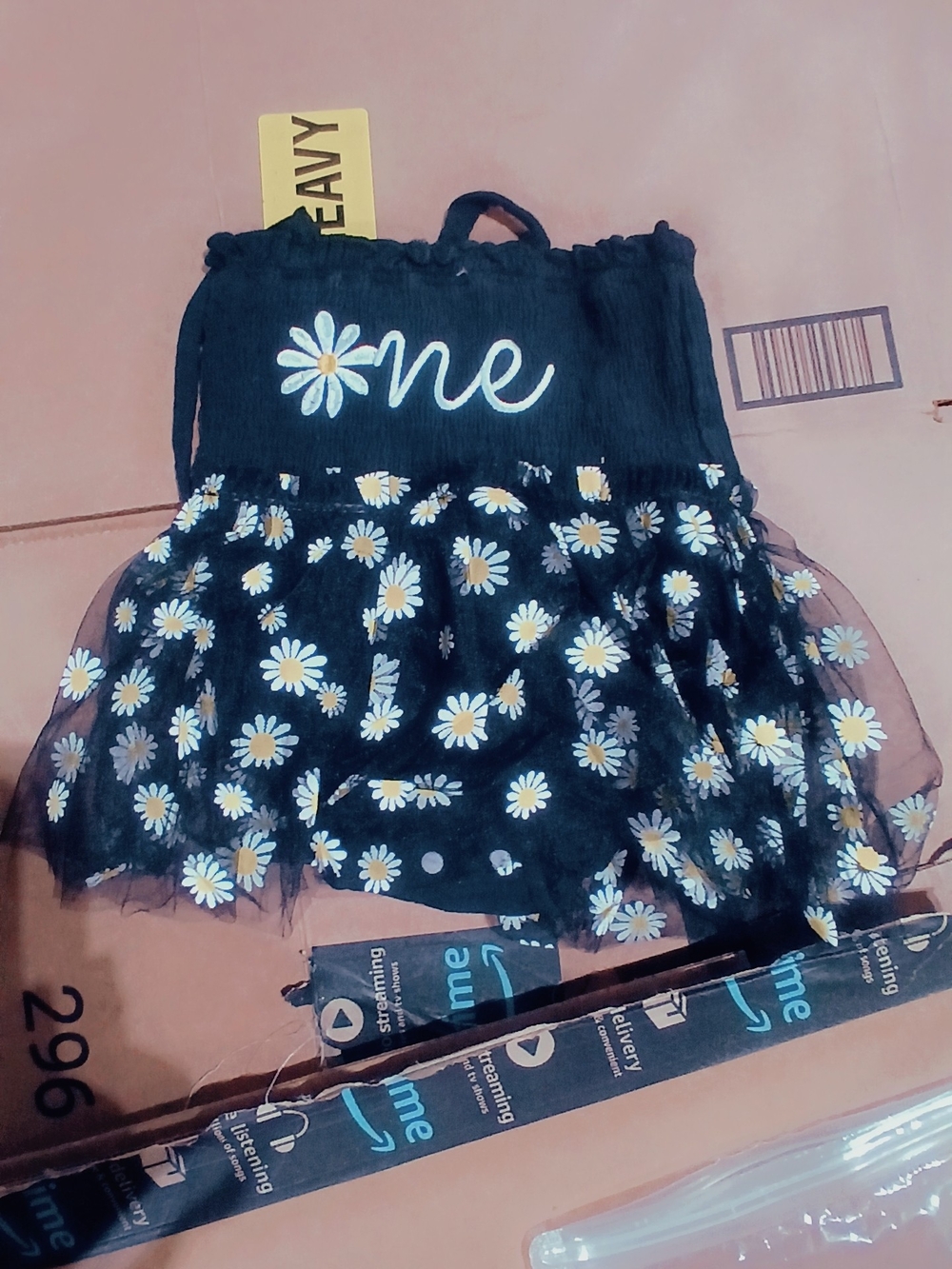 Black Daisy Mesh Dress Top with "one" Embroidery